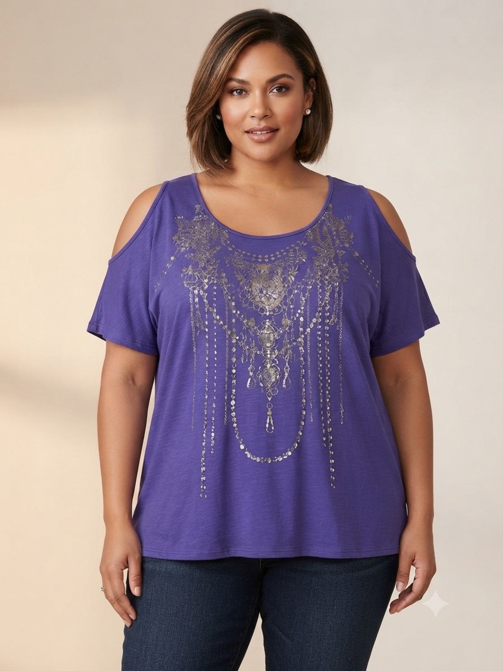 Plus Size Purple Cold-Shoulder Tee with Silver Metallic Detail